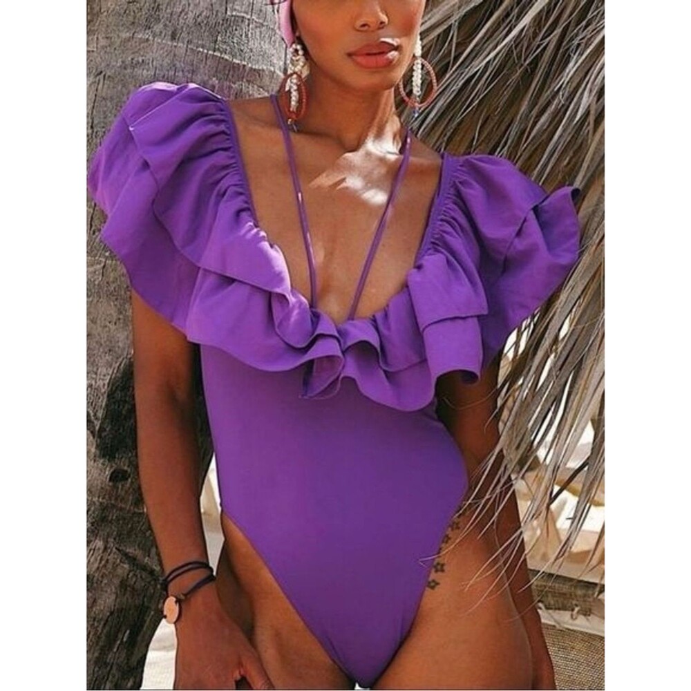 NWT Zara Purple Ruffle One Piece Swimsuit Medium Deep V Blogger Viral Bodysuit